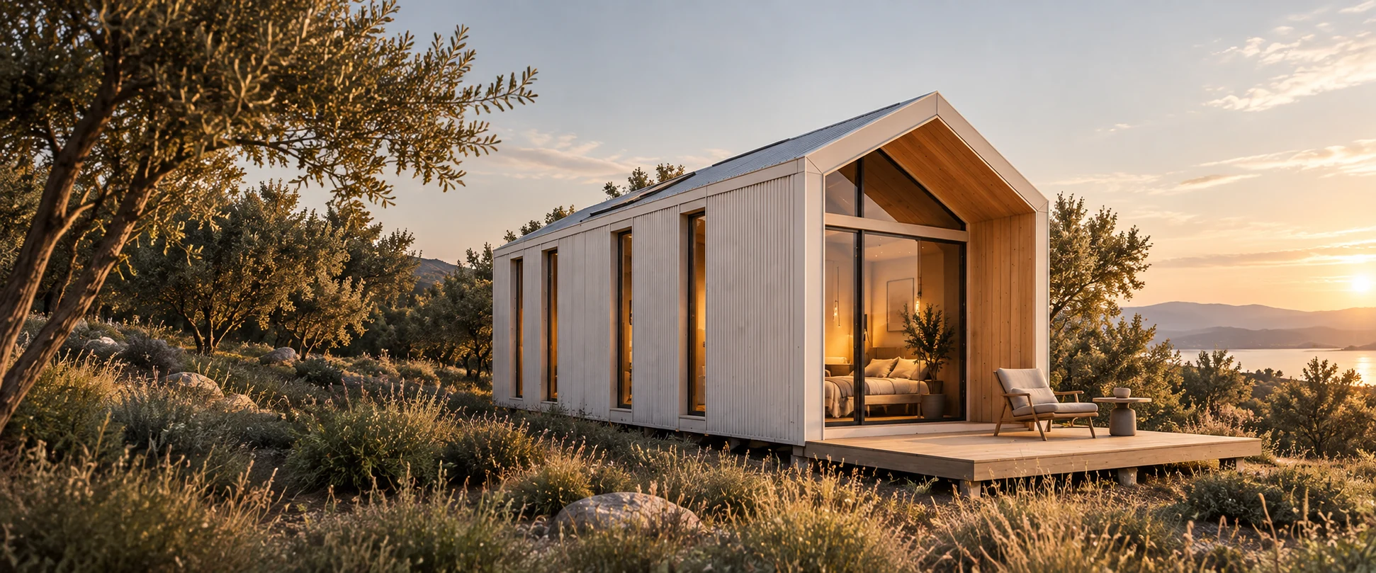 Visualización conceptual NIVA: arquitectura modular de revestimiento claro, madera y vidrio en un paisaje natural al atardecer
