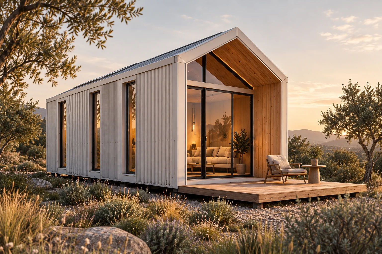 Visualización conceptual de un módulo NIVA de revestimiento claro y pórtico de madera