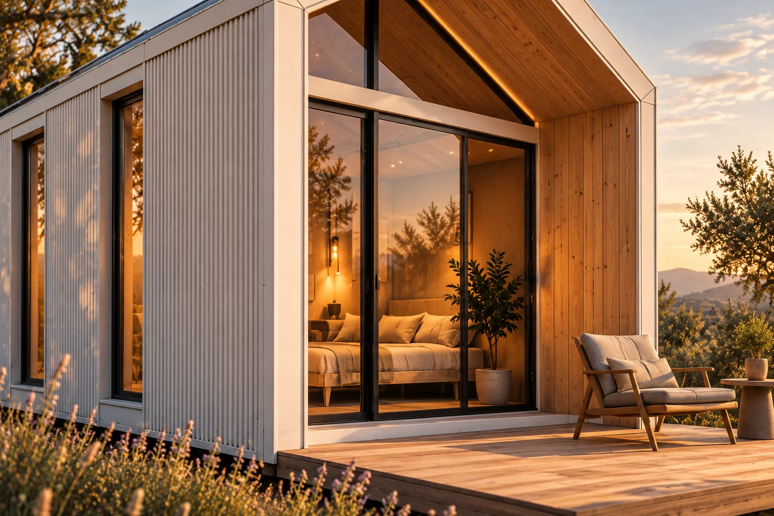 Detalle conceptual del pórtico NIVA: madera natural, frente vidriado y luz cálida