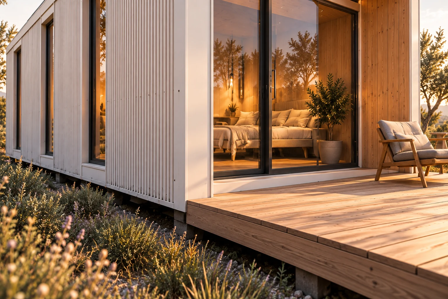 Visualización conceptual del encuentro entre la terraza de madera, el umbral y el frente de vidrio de NIVA