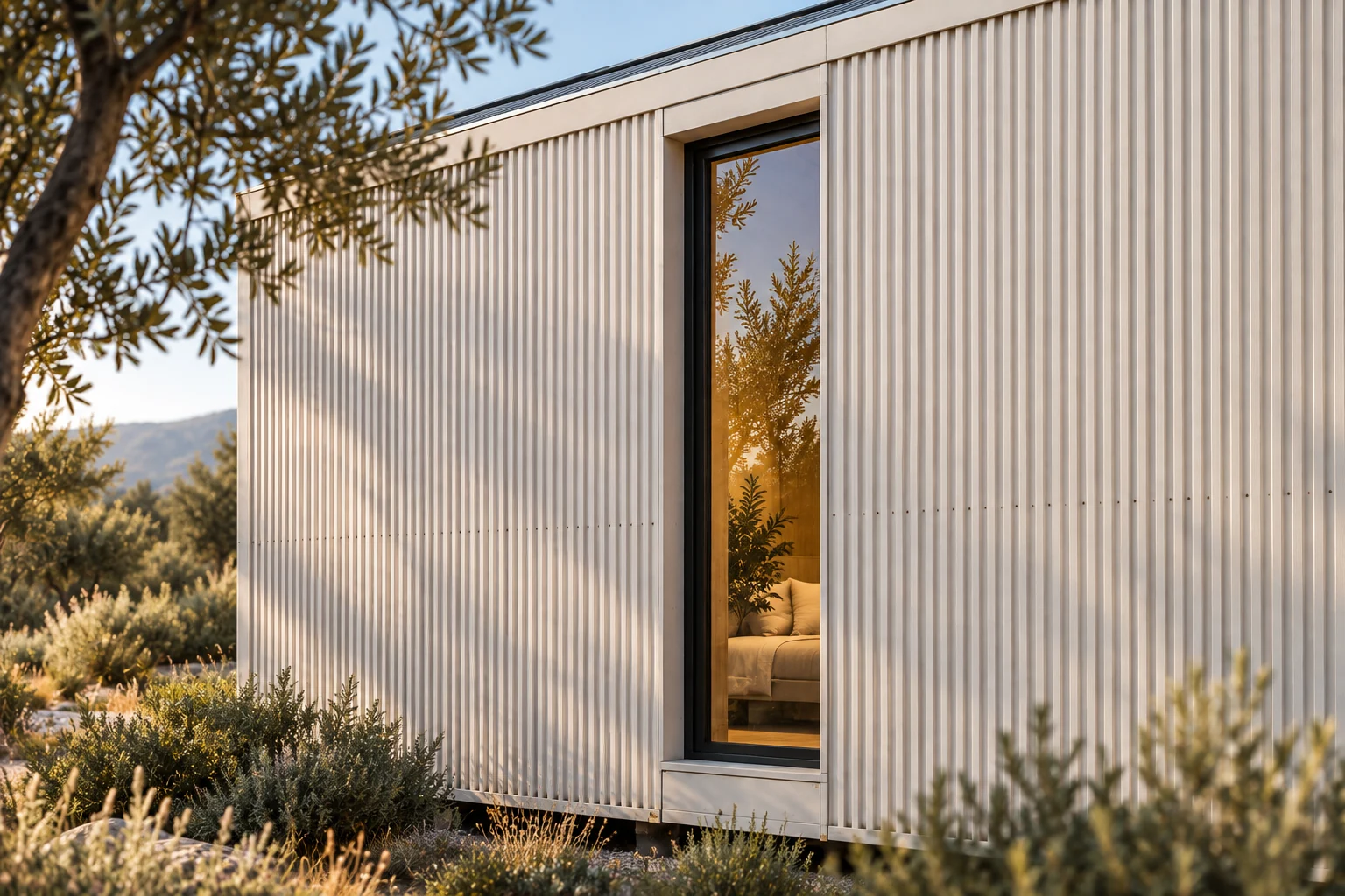 Detalle conceptual del revestimiento marfil acanalado y una ventana de marco oscuro que refleja la vegetación