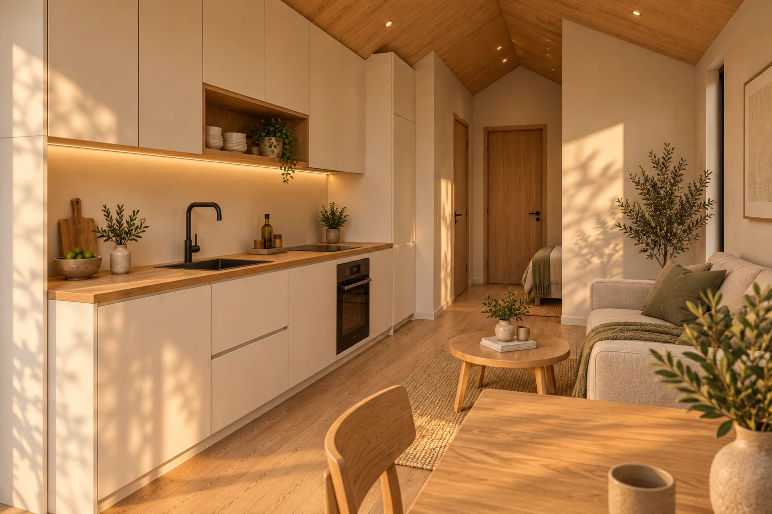 Render conceptual de la cocina-comedor de NIVA 27, con materiales claros y una escala compacta