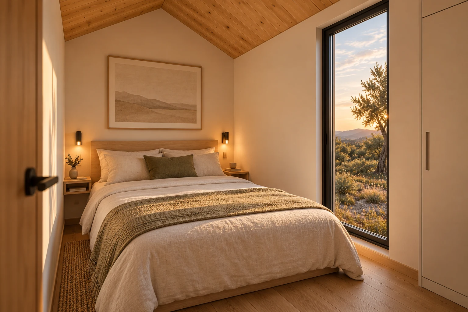 Render conceptual del dormitorio de NIVA 27, con una propuesta de madera clara, textiles neutros y luz natural