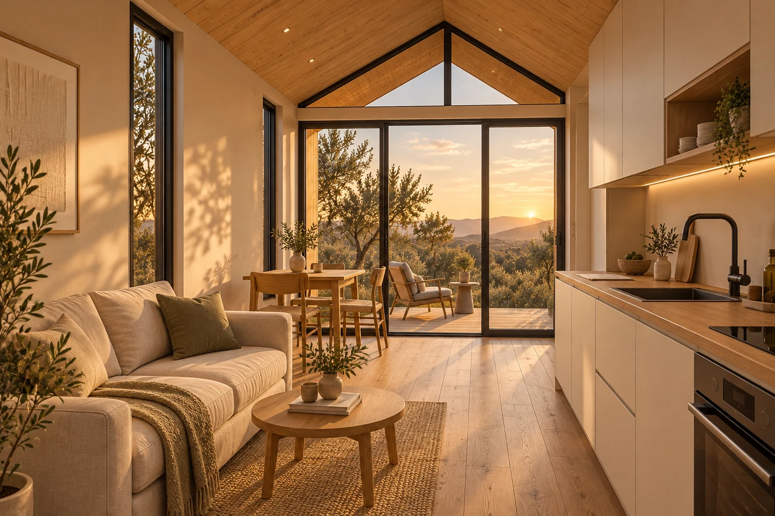 Render conceptual del interior NIVA 27: estar, cocina-comedor y apertura al paisaje