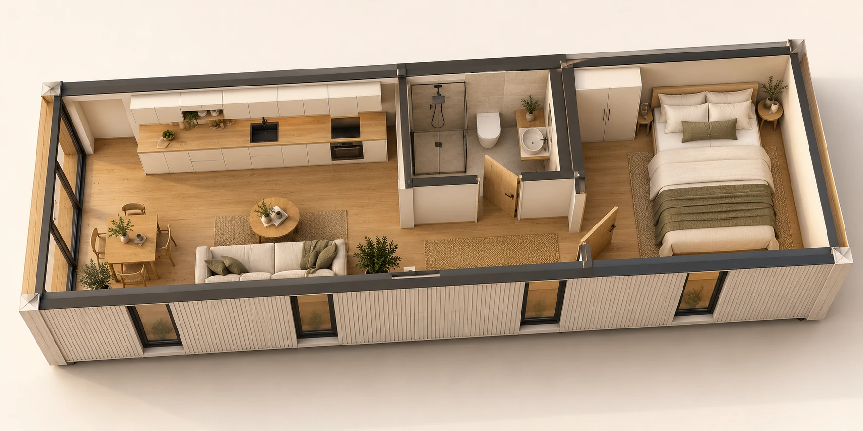 Vista 3D conceptual desde arriba del módulo NIVA 27, sin cubierta, con cocina-comedor, baño y un dormitorio